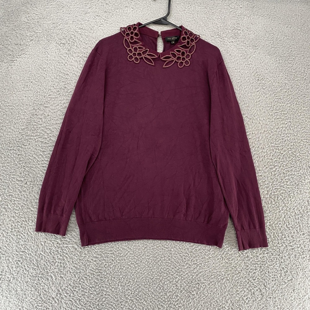 Ted Baker Sweater Womens 5 / 2XL Purple Beaded Floral Cutout Collar Long Sleeve